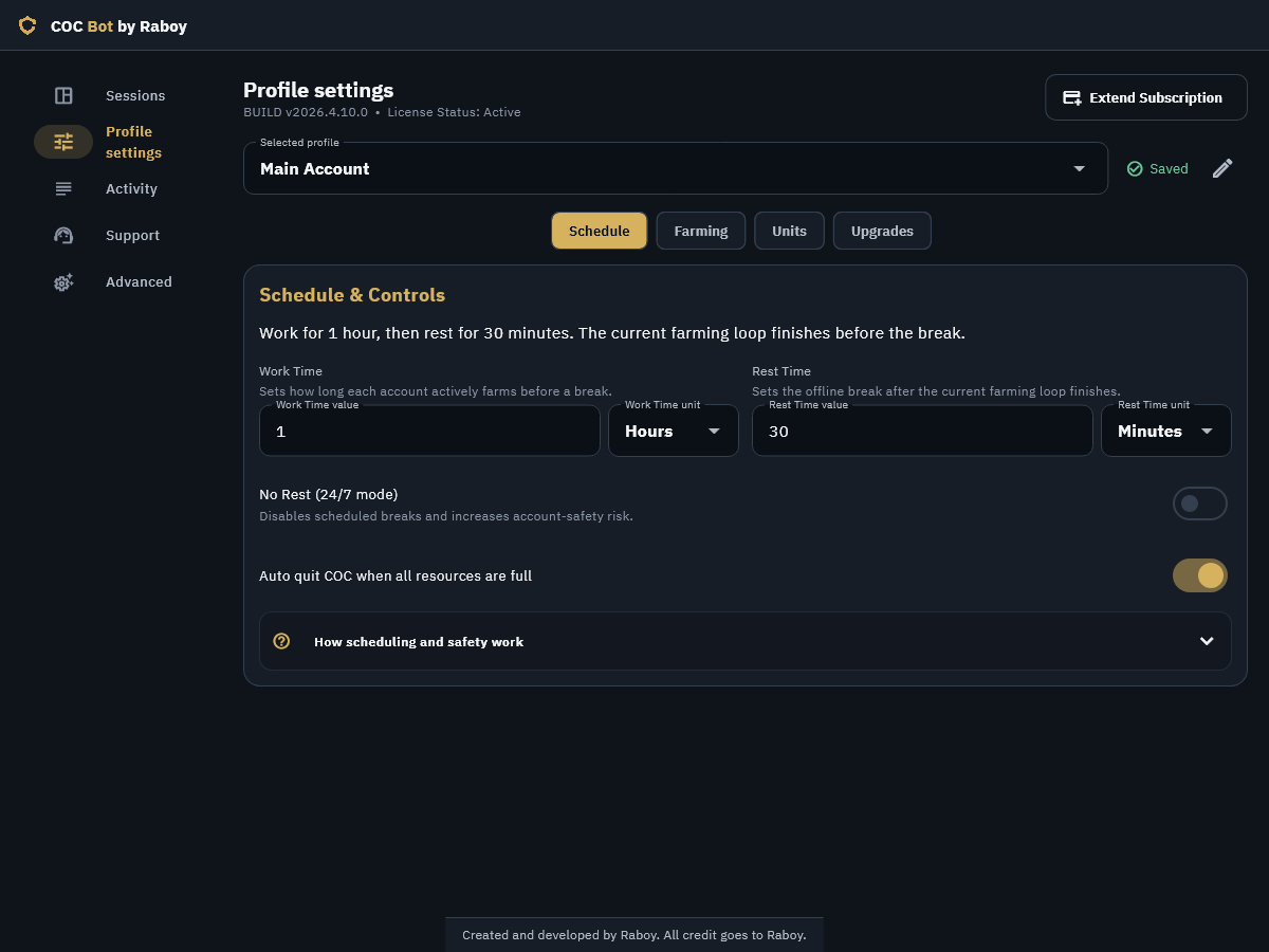 Actual COC Bot profile settings with Work Time, Rest Time and full-storage stopping controls.