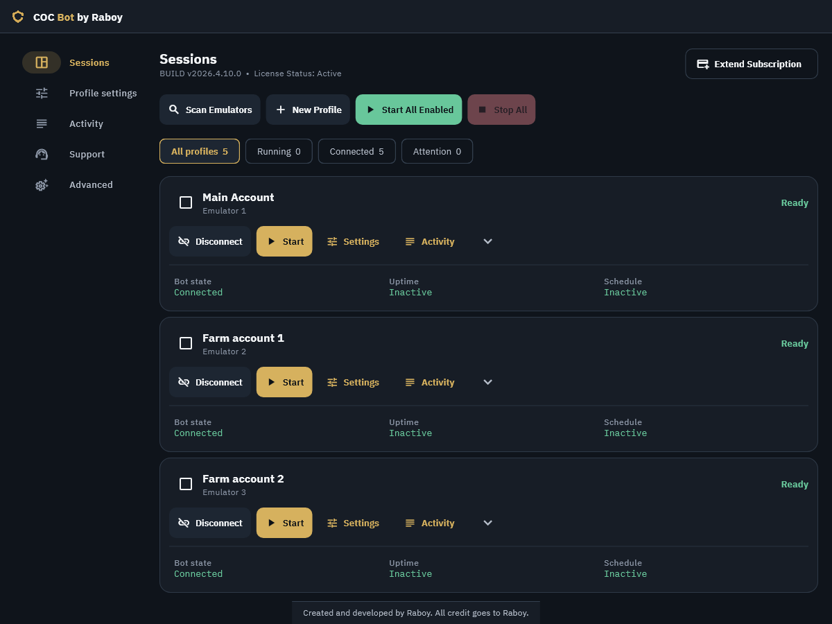 Actual Sessions interface with multiple demonstration profiles and independent emulator connections.