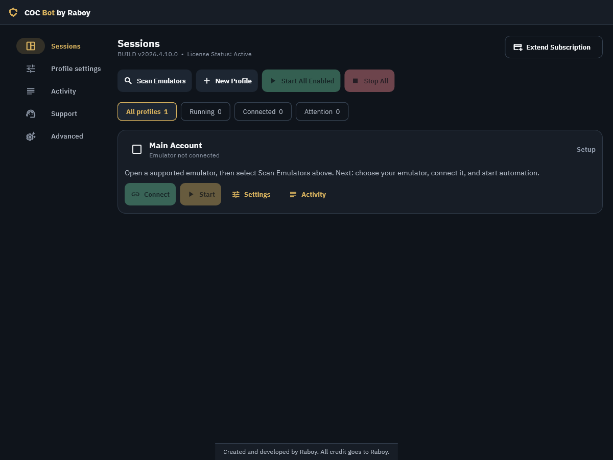 Actual COC Bot Sessions interface with emulator selection, Connect, Start, Settings and Activity controls.