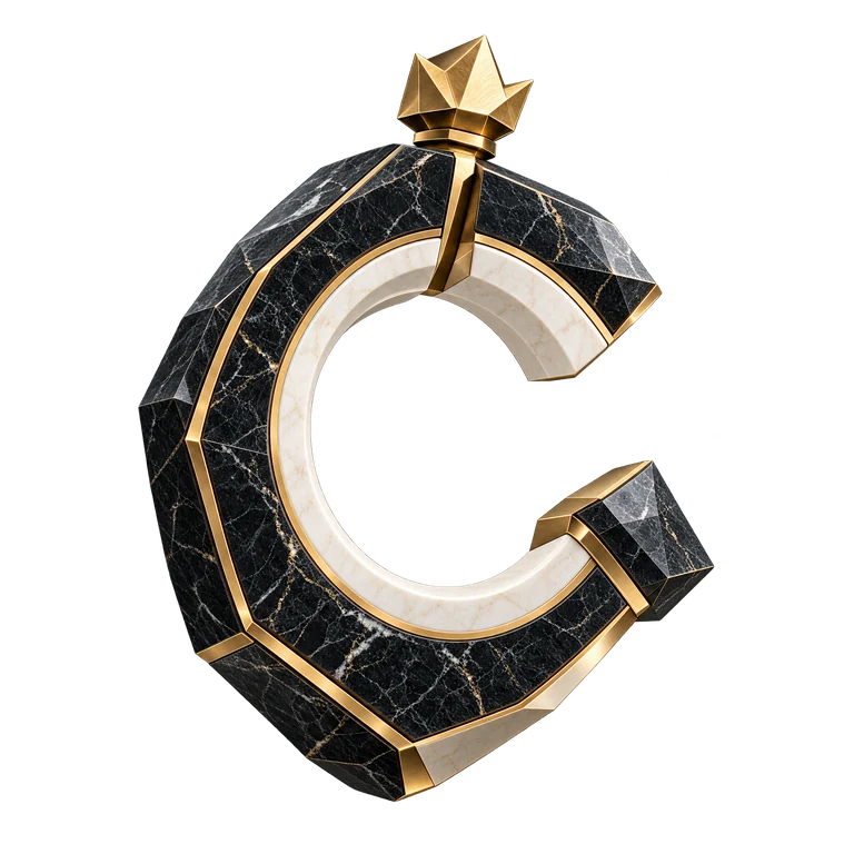 The sculptural black marble, ivory and gold COC Bot crest.