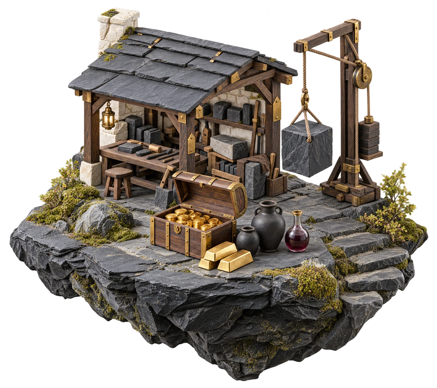 An illustrated timber workshop with a treasure chest, gold bars, resource vessels and a pulley hoist.