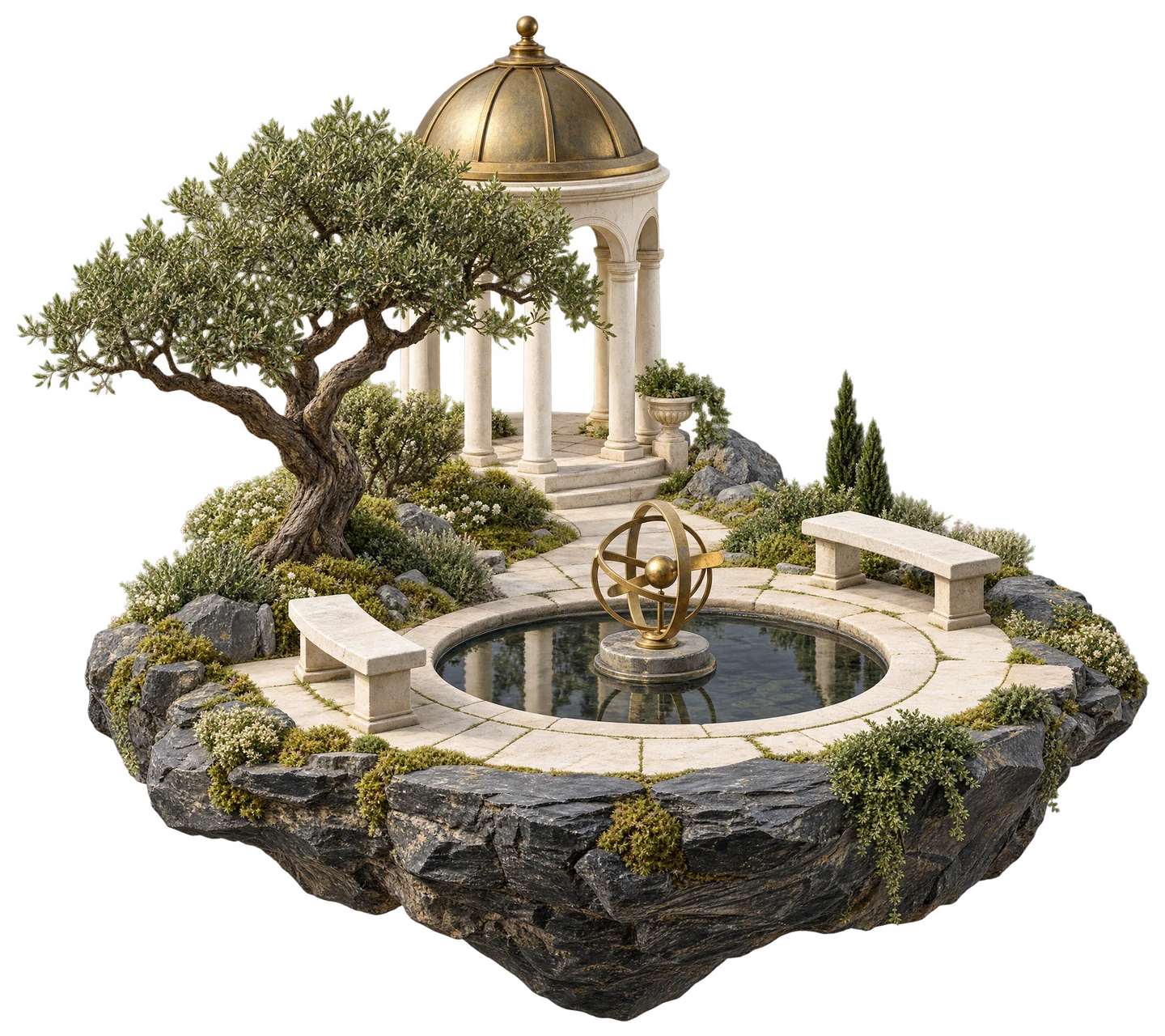 An illustrated garden with a tree, pavilion, benches and a brass sundial above a circular pool.