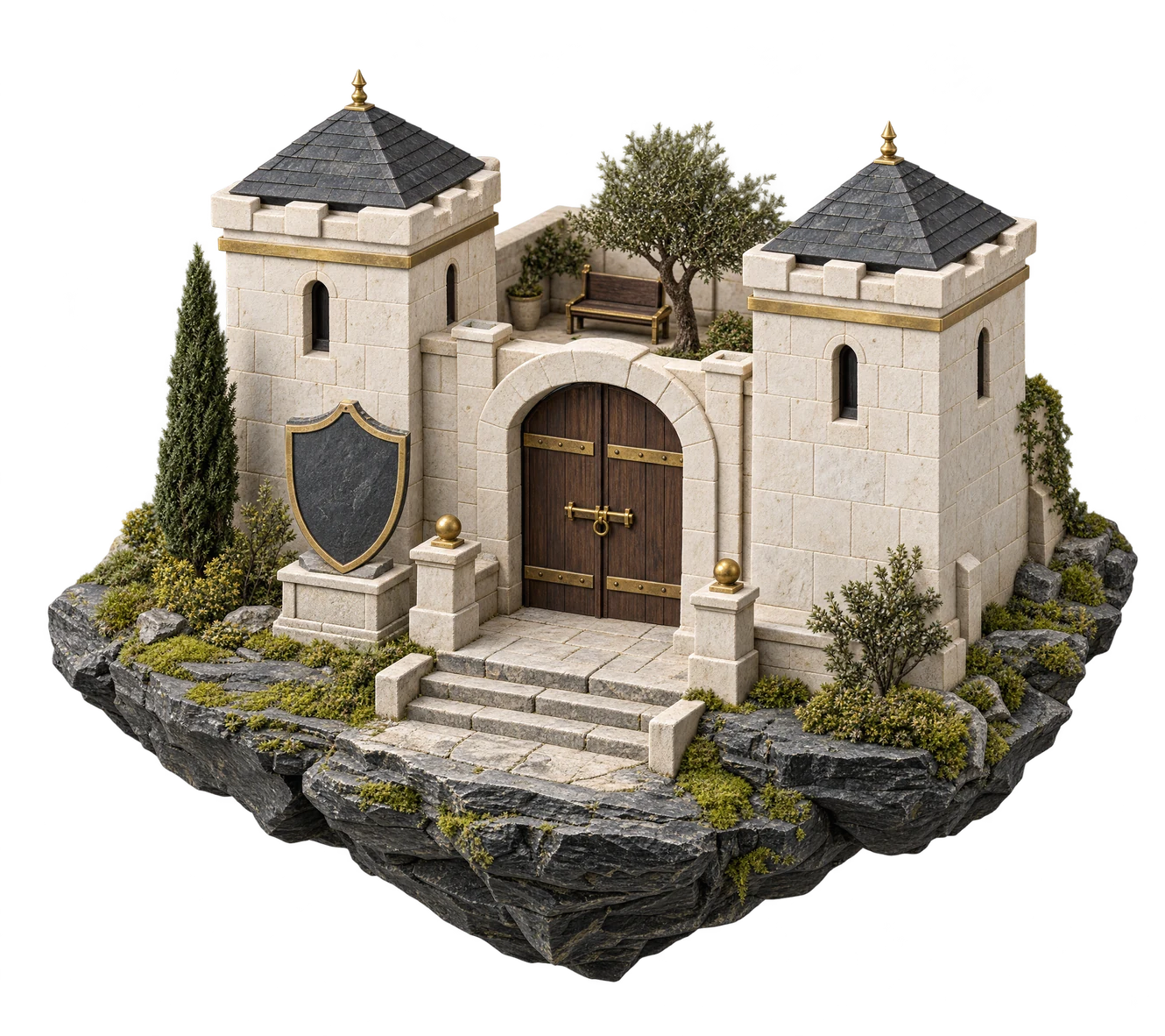 An illustrated fortified gateway with two watchtowers and a plain shield beside the entrance.