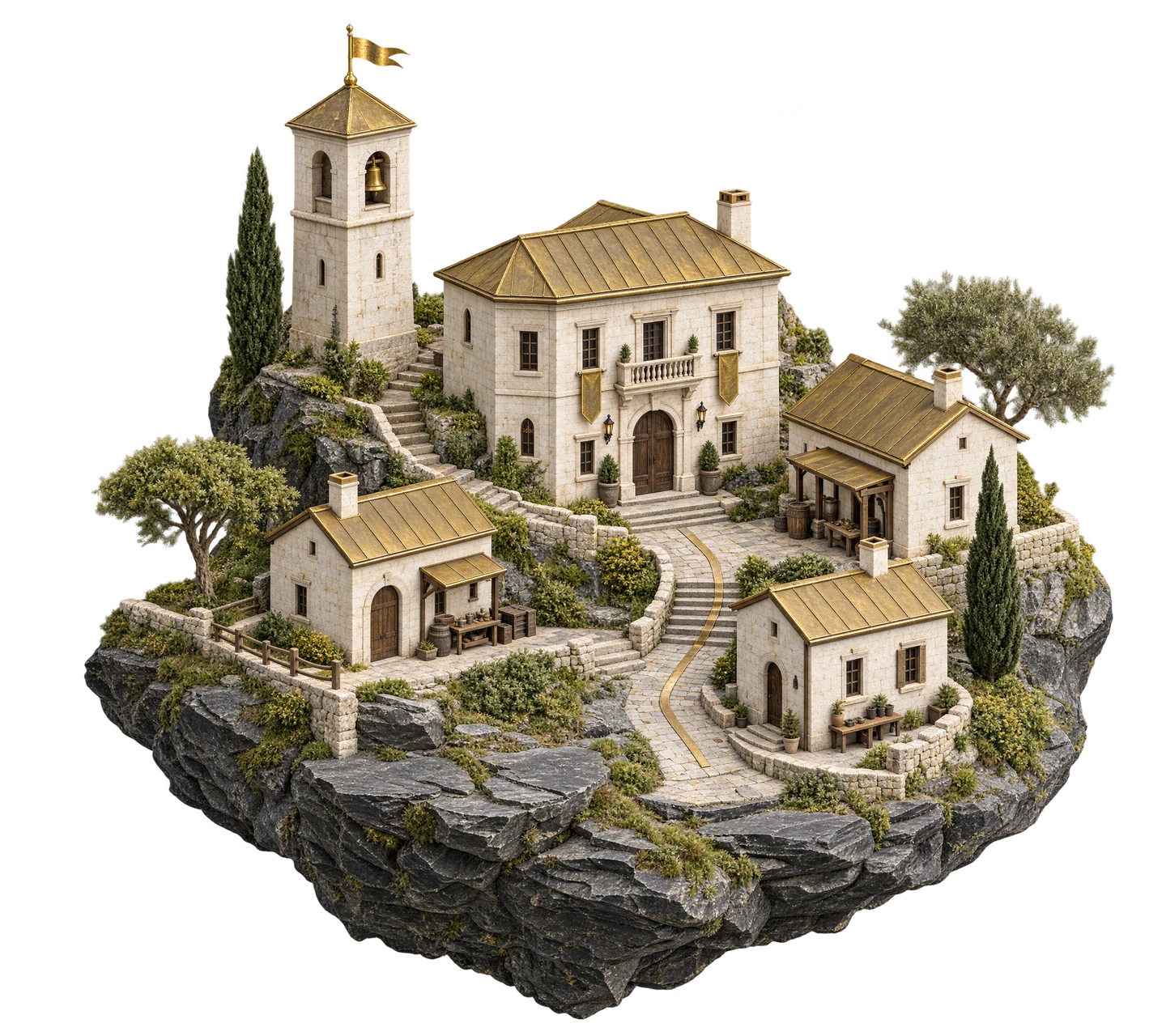 An illustrated miniature village with ivory stone buildings, brass roofs and a bell tower on a slate island.