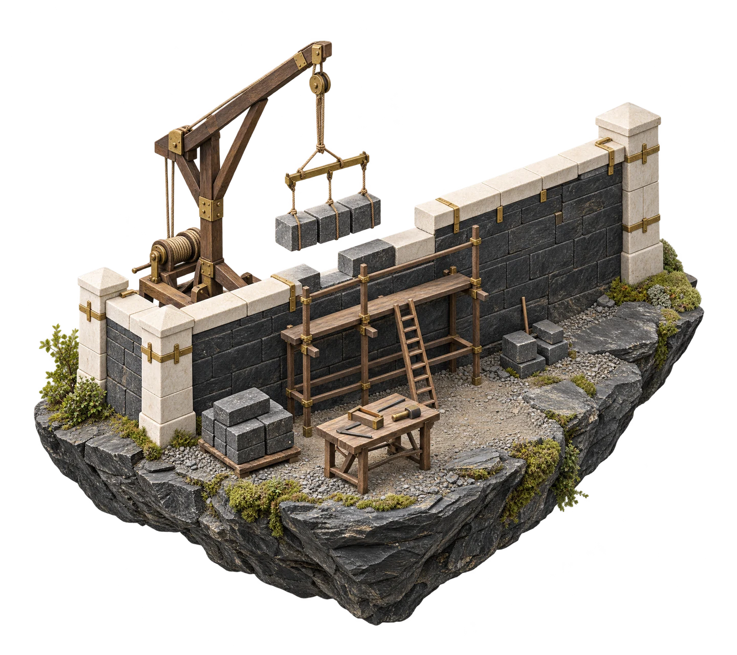 An illustrated miniature stone wall under construction, with a timber crane lifting a batch of blocks.